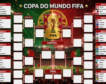 May include: A FIFA World Cup tournament bracket poster featuring a red and green background with the FIFA trophy icon at the top center. The design includes lists of national teams organized into groups A through L, with blank spaces for match results.