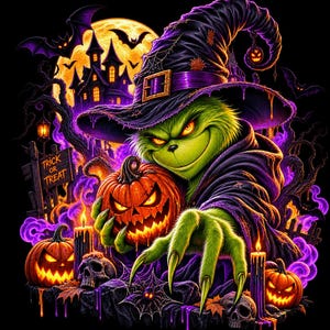 May include: A green creature wearing a purple witch hat and cloak, holding a carved orange jack-o'-lantern. The scene includes a haunted house, bats, skulls, candles, and a wooden sign with the text Trick or Treat against a black background.