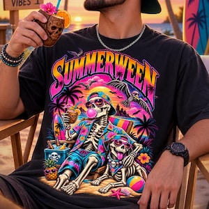 Summerween Skeleton PNG, Tropical Halloween Shirt Design, Summer Skull T-Shirt Graphic, Spooky Summer Printable