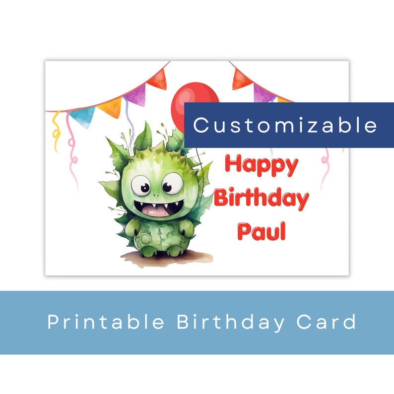 Printable Monster Birthday Card Personalized Digital Balloon - Etsy