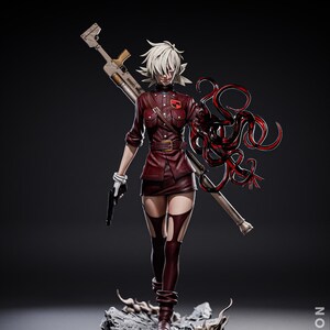 May include: A female figure with white hair and red eyes is wearing a red military uniform and holding a rifle. Her right arm is covered in a dark red, tentacle-like substance. The figure is standing on a rocky base.