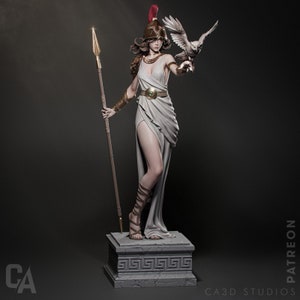 May include: A white statue of a woman warrior with a spear and an owl. She is wearing a helmet, a white dress, and sandals. The statue is on a stone base with a Greek key design.