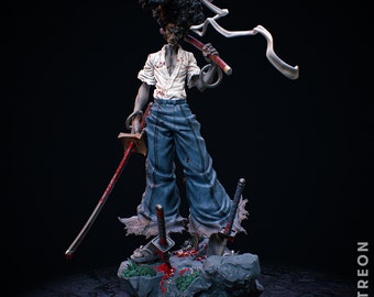 May include: A black and white figurine of a samurai with an afro hairstyle, wearing a white shirt and blue pants. The figurine is holding a red sword and is standing on a rock base with blood splatters. The figurine is covered in blood splatters.
