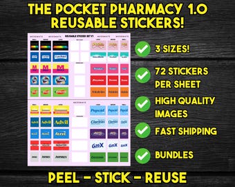 Etiquetas adhesivas para pastilleros de farmacia de bolsillo / 72 etiquetas adhesivas reutilizables para medicamentos de venta libre / Etiquetas de repuesto y adicionales / 3 tamaños disponibles