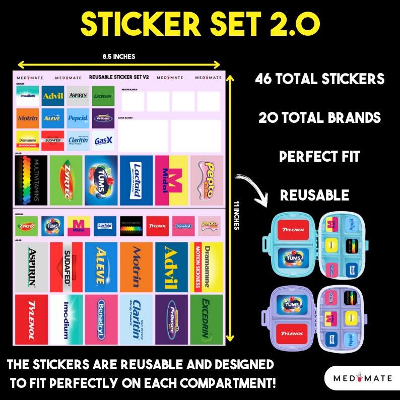 Puede incluir: Un juego de pegatinas con 46 pegatinas reutilizables con 20 marcas, dise&ntilde;adas para encajar perfectamente en cada compartimento. La hoja de pegatinas mide 21,59 cm de ancho y 27,94 cm de alto. El texto "STICKER SET 2.0" est&aacute; en la parte superior.