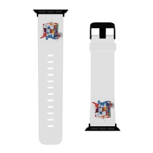 May include: White smartwatch band featuring a colorful, watercolor-style Rubik's Cube design. The cube appears to be melting, with vibrant paint drips in shades of red, blue, yellow, and green. The band has a black clasp and connector.