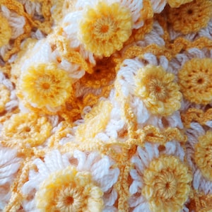 Sun-Drenched Petals, 1976, Handmade Wool Crochet Bedspread