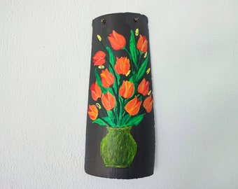 Tulip Song – Handpainted Decorative Ceramic Tile by Anna Tsetsos, Original 1910 Roof Tile | Vintage Ceramic | Floral Wall Art