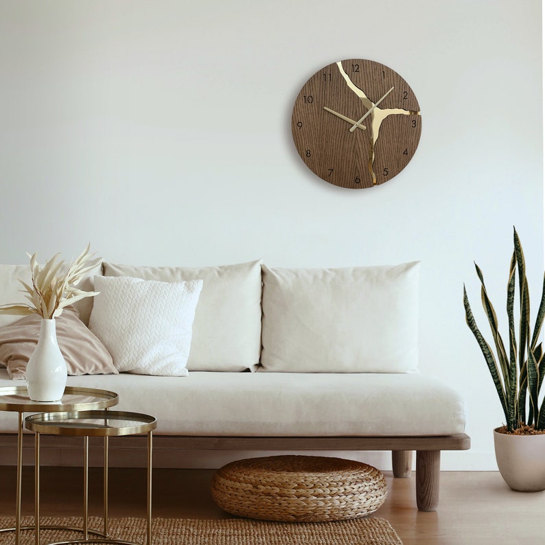 Modern Wall Clock with Golden Roman Numbers Silent Unique Wood Minimalist Wall Clock image 3