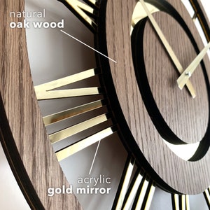 Modern Wall Clock with Roman Numbers Silent Unique Wood Minimalist Wall Clock Gold Numbers image 5