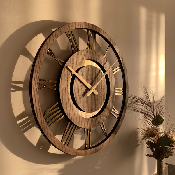Reloj de pared moderno con números romanos, reloj de pared minimalista de madera único silencioso, números dorados
