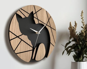 Cute Cat Clock, Wooden Wall Clock, Unique Design, Kids Room Decor, Birthday Gift for her