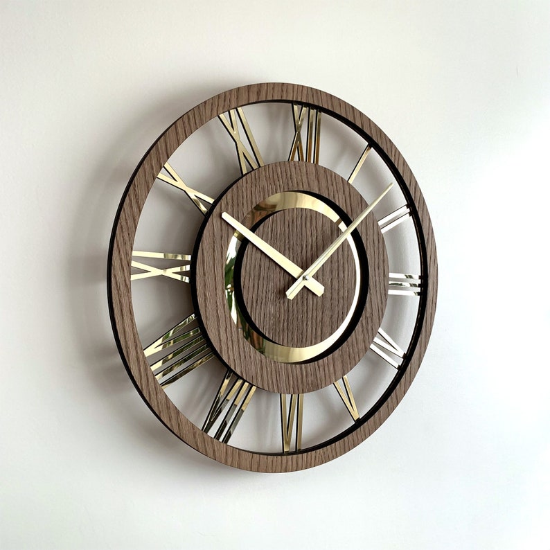 Modern Wall Clock with Roman Numbers Silent Unique Wood Minimalist Wall Clock Gold Numbers image 6