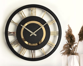 Horloge murale en bois avec chiffres romains, horloge minimaliste silencieuse, chiffres dorés