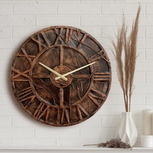 Leather Wall Clock, Brown Wall Clock, Unique Wall Clock, Large Wall Clock, Living Room Wall Art, Scandinavian Desing, Housewarming Gift