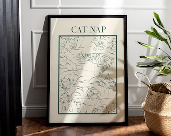 Sage Green Snoozing Cats Art Print DIGITAL DOWNLOAD Funny Wall Art Typography Printable Art Animal Illustration Poster Cat Owner Gift Kitten