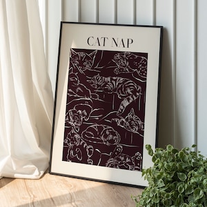 Maroon Snoozing Cats Art Print DIGITAL DOWNLOAD Funny Wall Art Typography Printable Art Animal Illustration Poster Cat Owner Gift Kitten