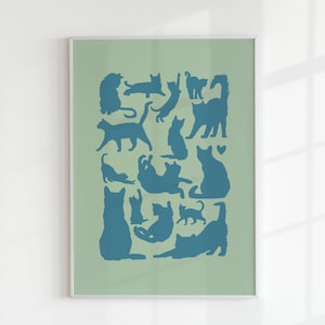 Funny Cat Love Cats Art Print DIGITAL DOWNLOAD Blue Green Wall Art Cute Kitten Trendy Printable Poster Animal Illustration Cat Owner Gift