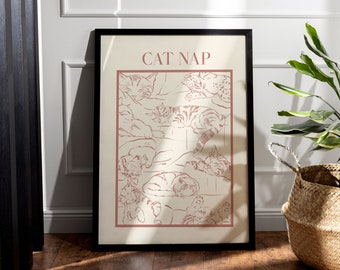 Duksy Pink Snoozing Cats Art Print DIGITAL DOWNLOAD Funny Wall Art Typography Printable Art Animal Illustration Poster Cat Owner Gift Kitten