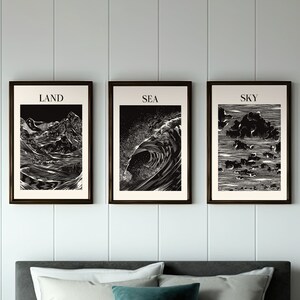 Poster Set of 3 Land Sea Sky, Black and Beige Nature Inspired Art Prints DIGITAL DOWNLOAD , Wall Art, Neutral Abstract Printable Art