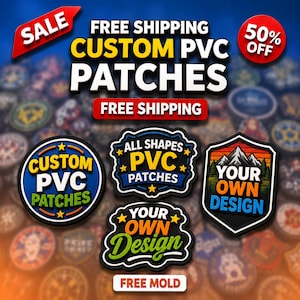 Op de afbeelding: Aangepaste PVC-patches in verschillende vormen en ontwerpen, waaronder cirkelvormige, schildvormige en op maat gesneden stijlen. De patches bevatten vette tekst tegen een donkere achtergrond met levendige kleuren.