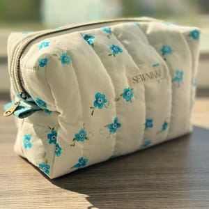 Blue Floral Quilted Makeup Bag: Handmade Cotton Zipper Pouch