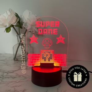 Super Kid- Mario- LED Night Light- Personalized Kids Room Acrylic Name Sign Nursery Bedroom Decor Decoration Birthday Gift for Boy or Girl