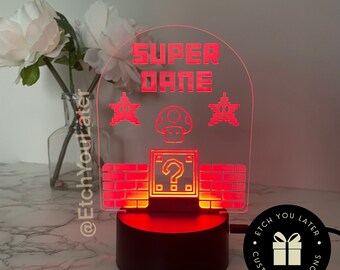 Super Kid- Mario- LED Night Light- Personalized Kids Room Acrylic Name Sign Nursery Bedroom Decor Decoration Birthday Gift for Boy or Girl