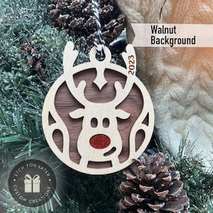 Rudolf Red Nosed Reindeer- Yearly- Christmas tree- Layered Wood -Red Acrylic Nose Laser cut Engraved Christmas Ornament Wooden Year Holiday