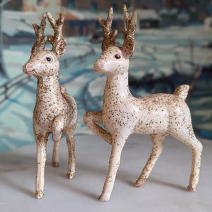 Vintage celluloid deer gold and glitter Christmas deer figurines, Set of 2