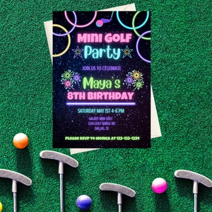 Invitación de cumpleaños de minigolf con brillo - Invitación editable de fiesta de golf neón - Plantilla Canva para cumpleaños infantil - Invitación imprimible para fiesta de minigolf