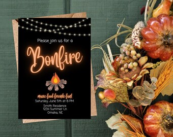 Fire Pit Party Invitation-Rustic Glow and Gather Bonfire Template
