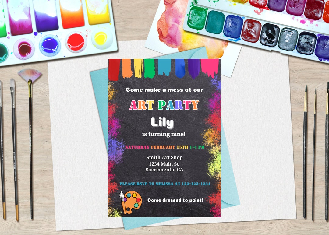 Art Party Invitation Template. Digital Birthday Party Invite. Painting