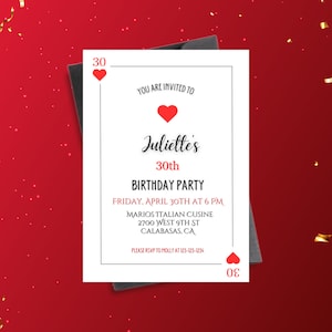 Invitation d'anniversaire personnalisée pour soirée casino, 30 coeurs