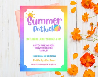 May include: A colorful invitation for a summer potluck pool party. The design features the text "Summer Potluck" with a sun and beach ball graphic. Details include the date, time, location in Tampa, FL, and RSVP information. Orange flowers and petals decorate the background.