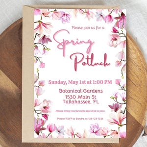 春のお楽しみとおいしいもの、春のポットラックパーティーのデジタル招待状テンプレート