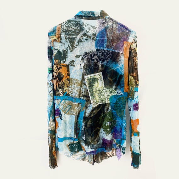 Blue and Orange Postcard and Letters Print Mesh Shirt M