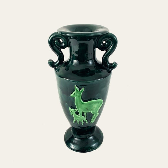 Large green enameled ceramic vase with doe and fawn reliefs