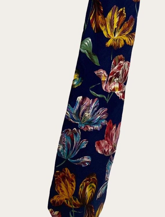 Yves Saint Laurent Deep Blue and Multicolor Poppy Flowers Silk Tie