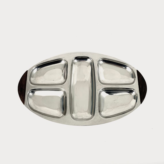 Large silver compartmented dish and wooden handle