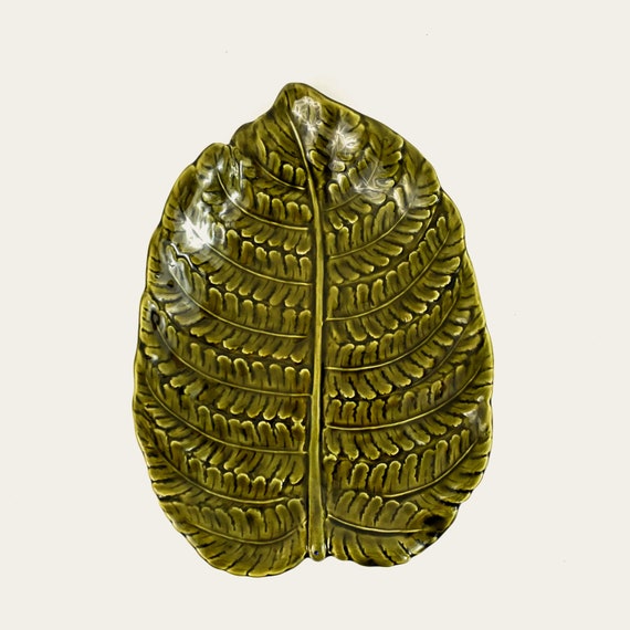 Large fern leaf dish in green enameled ceramic