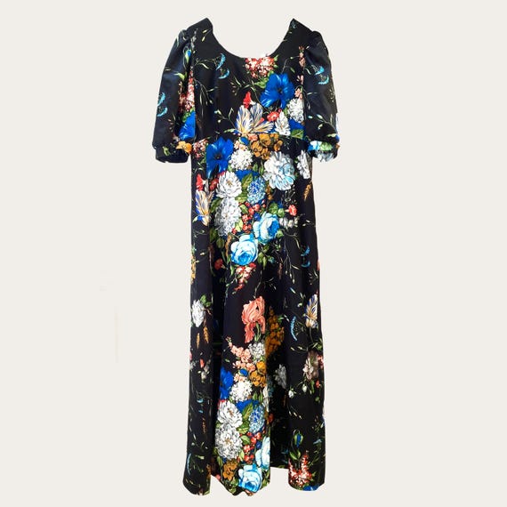 Black and Multicolor Long Painted Flowers Silk Dress M