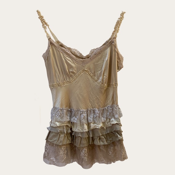 Beige and White Satin and Laced Frills Tank Top L