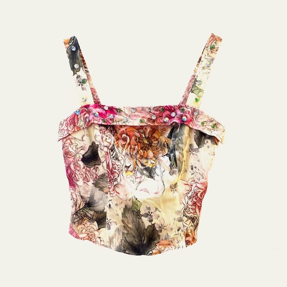 Beige and Pink Floral Print Tank Top L