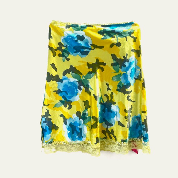 Yellow Camouflage and Blue Roses Print Satin and Laced Skirt L