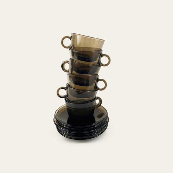 Coffee cups and glasses in smoked glass