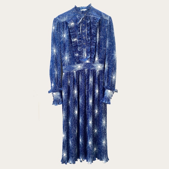 PACO RABANNE White and Blue Stars Print Pleats Dress S