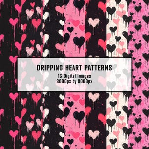Może przedstawiać: Cyfrowe wzory z ociekającymi sercami w kolorze różowym, czarnym i białym. Obraz zawiera tekst "Dripping Heart Patterns" oraz szczegóły dotyczące obrazów cyfrowych.