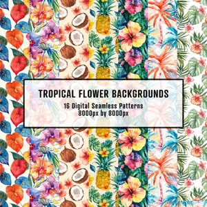 Tropical Hawaiian Watercolor Floral Backgrounds - Seamless Patterns, Plumerias, Hibiscus, Orchids, and more!