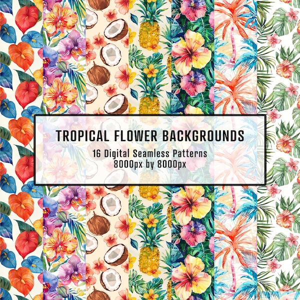 Tropical Hawaiian Watercolor Floral Backgrounds - Seamless Patterns, Plumerias, Hibiscus, Orchids, and more!